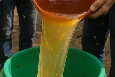 Madu yang sudah tiris sedang disaring